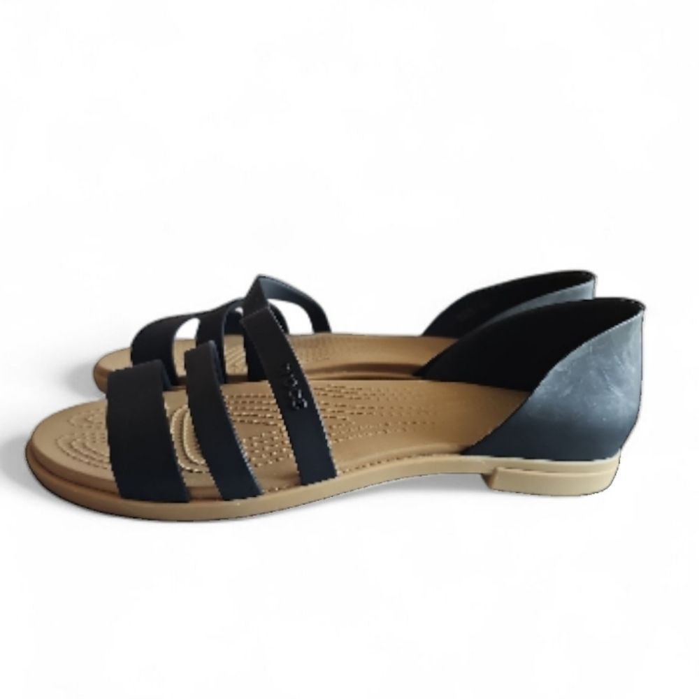 CROCS Black and Tan Strappy Flat Sandals